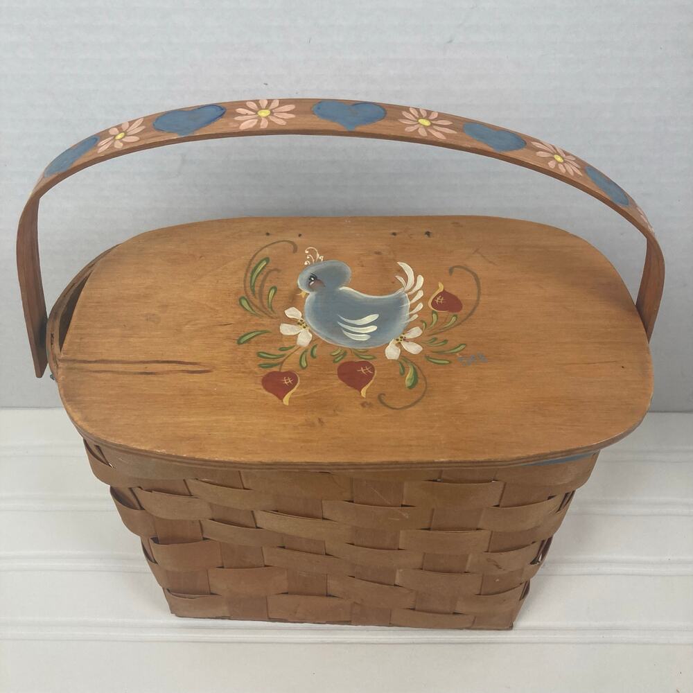 VTG Fairmont Basket Works Lid Woven Painted Bird Hearts Flowers Easter Eggs Bama